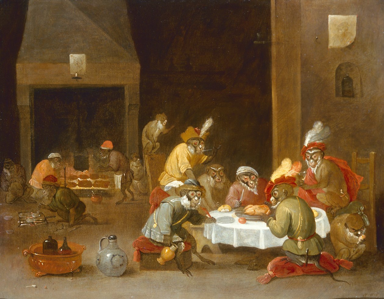 Macacos em um interior da sala de guarda de Ferdinand van Kessel