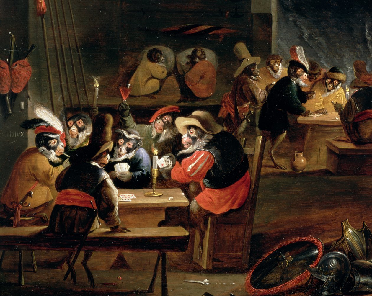 Macacos em uma taberna, detalhe do jogo de cartas (detalhe de 64505) de Ferdinand van Kessel