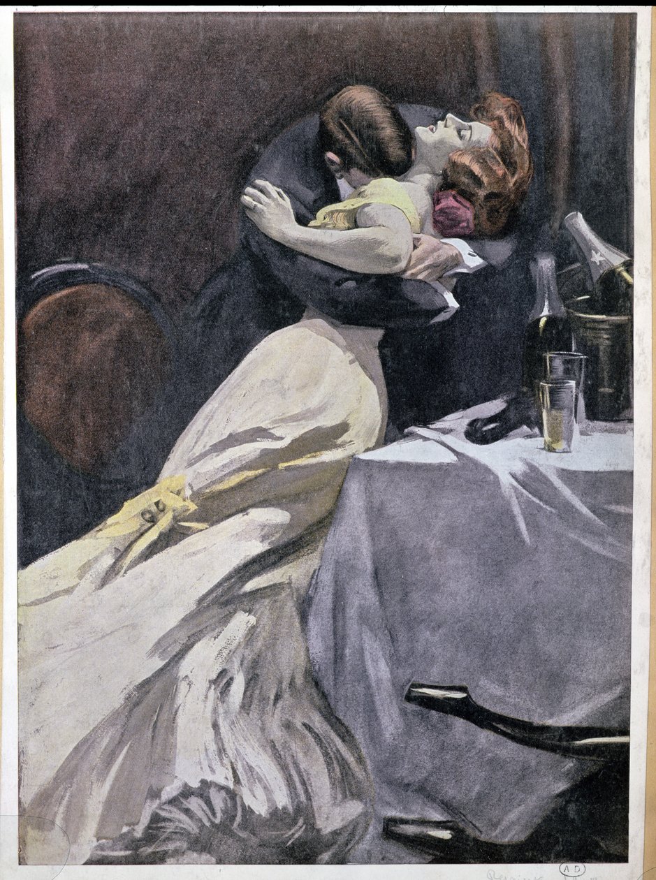 &39;Destrua o que você gosta em sua paixão, exceto para o meu vestido&39;, casal abraçando depois de beber champanhe, 1909 de Ferdinand von Reznicek