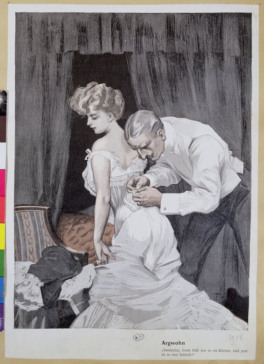 Marido desconfiado observando a alteração na amarração do espartilho de sua esposa, 1909 (gravura colorida) de Ferdinand von Reznicek