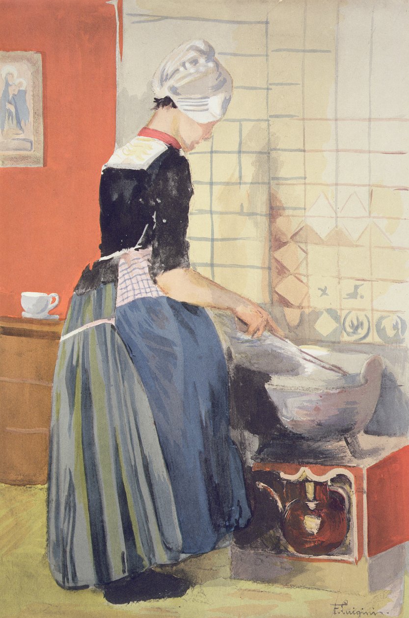 Dutch Girl Cooking, do LEstampe Moderne, publicou Paris em 1897-99 de Ferdinand Jean Luigini