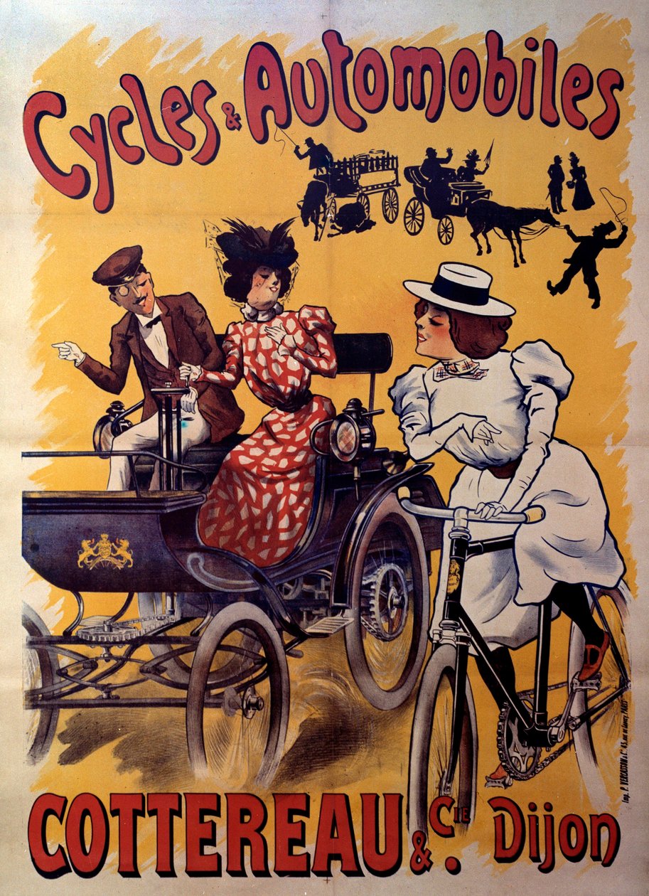 Cartaz de bicicletas e automóveis Cottereau et compagnie. início do século XX (cartaz) de Ferdinand (1865 1923) Misti Mifliez