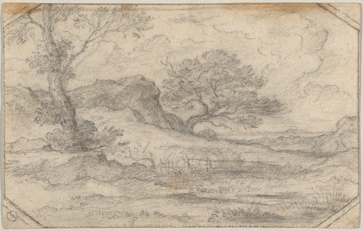 Paisagem ideal com duas árvores e um maciço rochoso de Ferdinand (Johann Heinrich Ferdinand) von Olivier