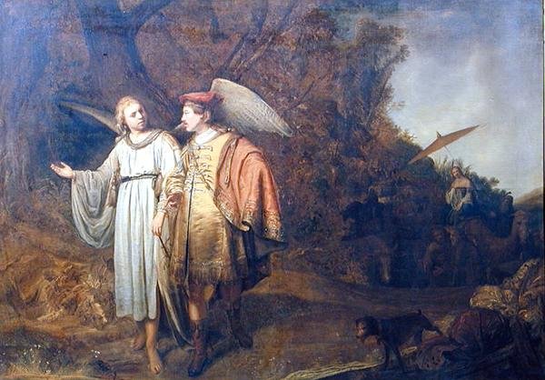 Tobias e o Anjo Gabriel (óleo sobre linho) de Ferdinand (attr.) Bol