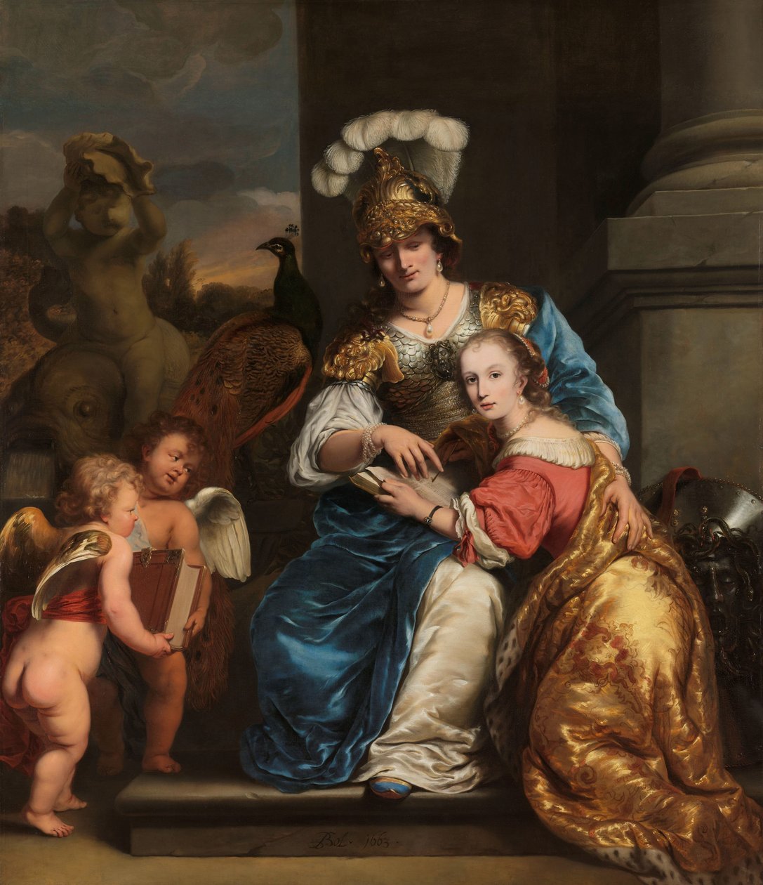 Margarita Trip como Minerva, instruindo sua irmã Anna Maria Trip Alegoria da Educação: Margarita Trip (1640-1714) ensinando sua irmã Anna Maria Trip (1652-1681) de Ferdinand Bol