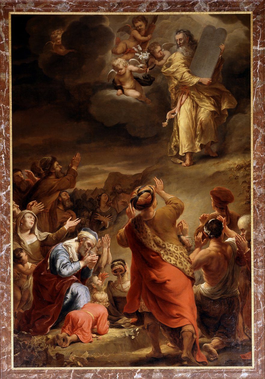 Moisés desce do Monte Sinai com os Dez Mandamentos de Ferdinand Bol