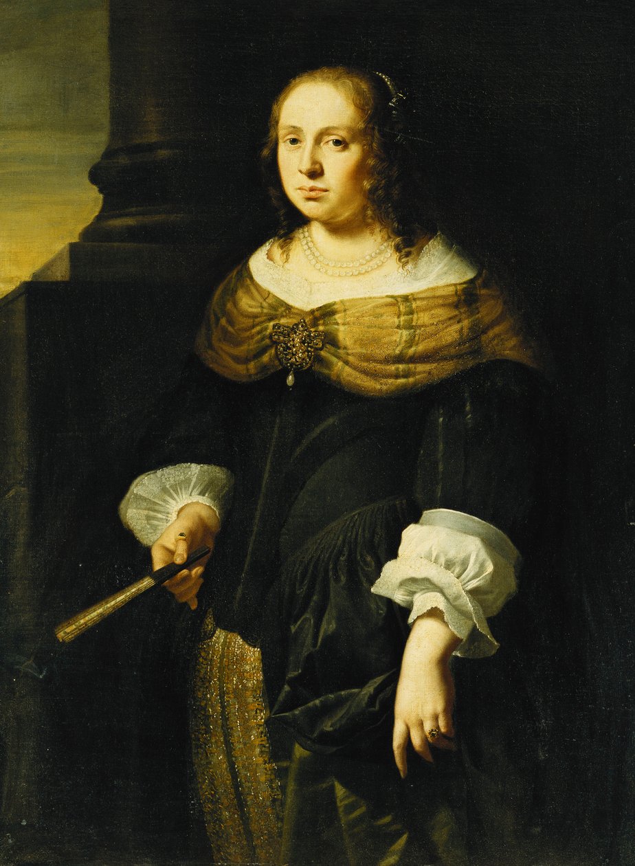 Retrato de uma senhora, de três quartos, usando um vestido preto e verde, segurando um leque, em um pórtico, de Ferdinand Bol