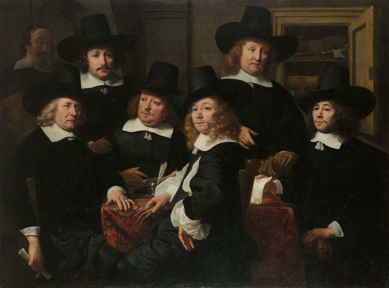 Seis regentes e o Beadle do Instituto Nieuw Zijds para o alívio ao ar livre dos pobres, Amsterdã, 1657 de Ferdinand Bol
