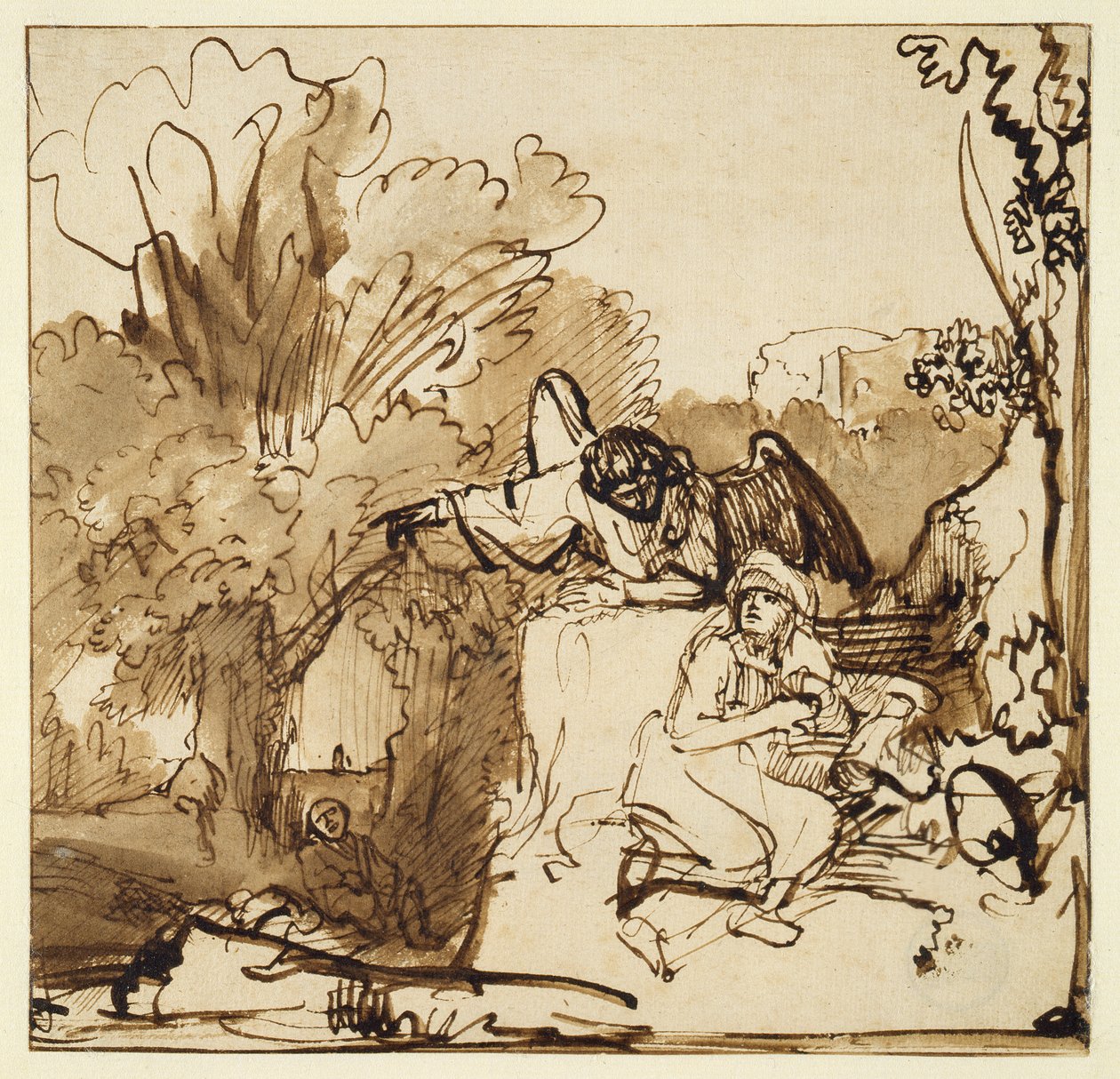 O Anjo Aparecendo a Agar e Ismael (caneta e tinta e lavar no papel) de Ferdinand Bol