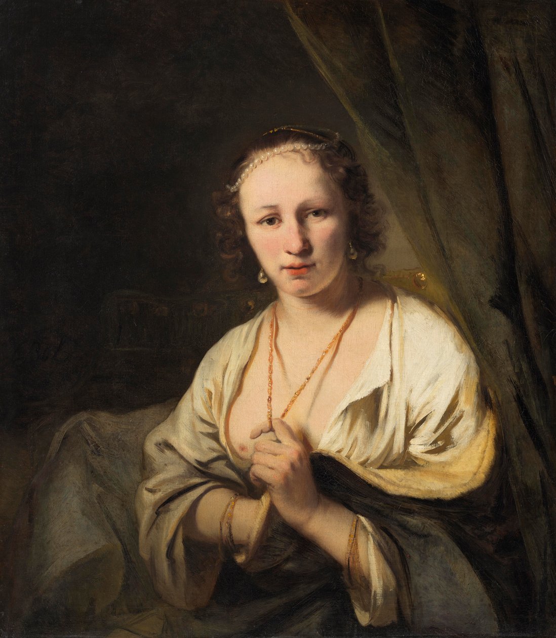 Mulher com pérolas no cabelo dela, c.1653 de Ferdinand Bol