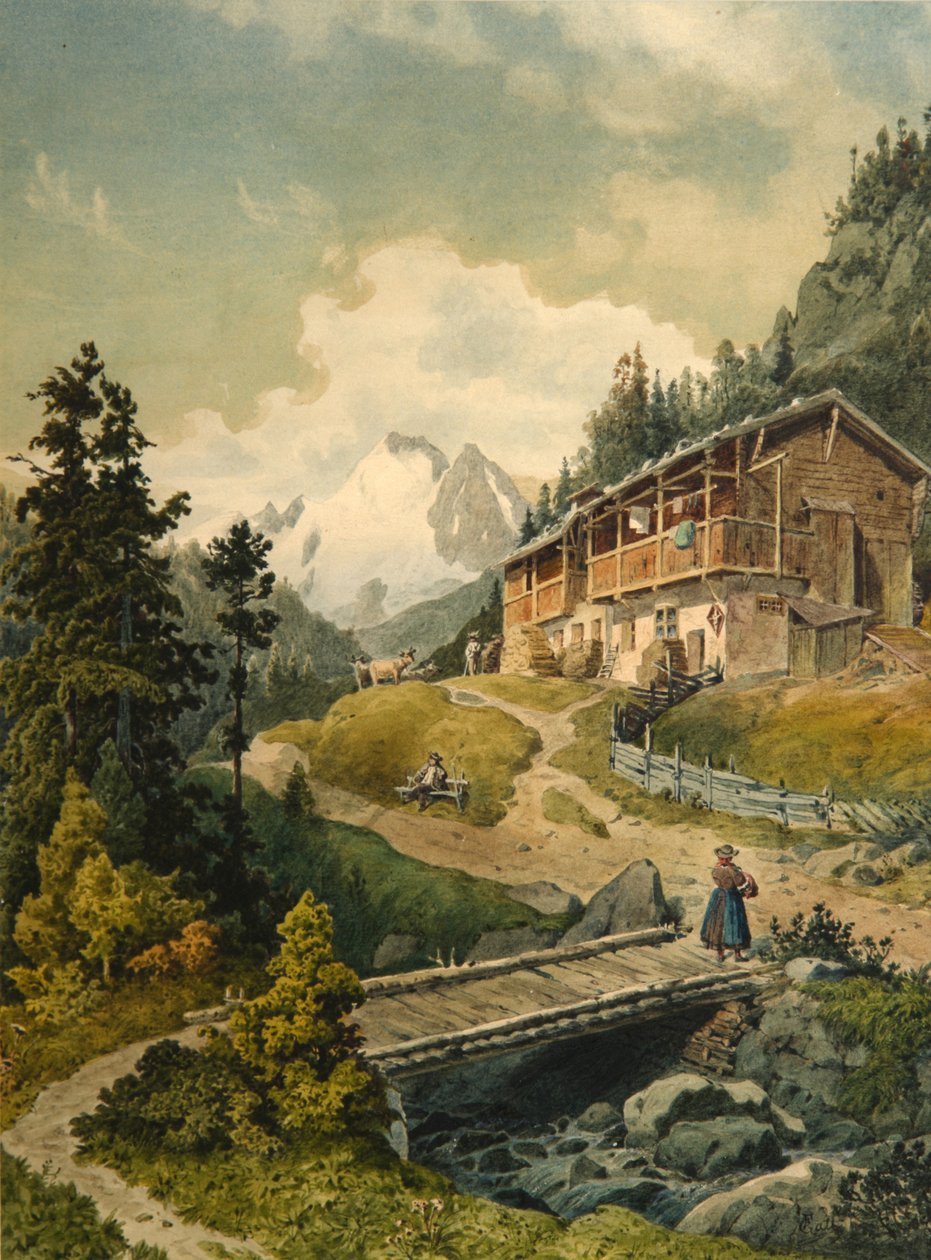 Paisagem alpina com uma ponte de Ferdinand Gatt