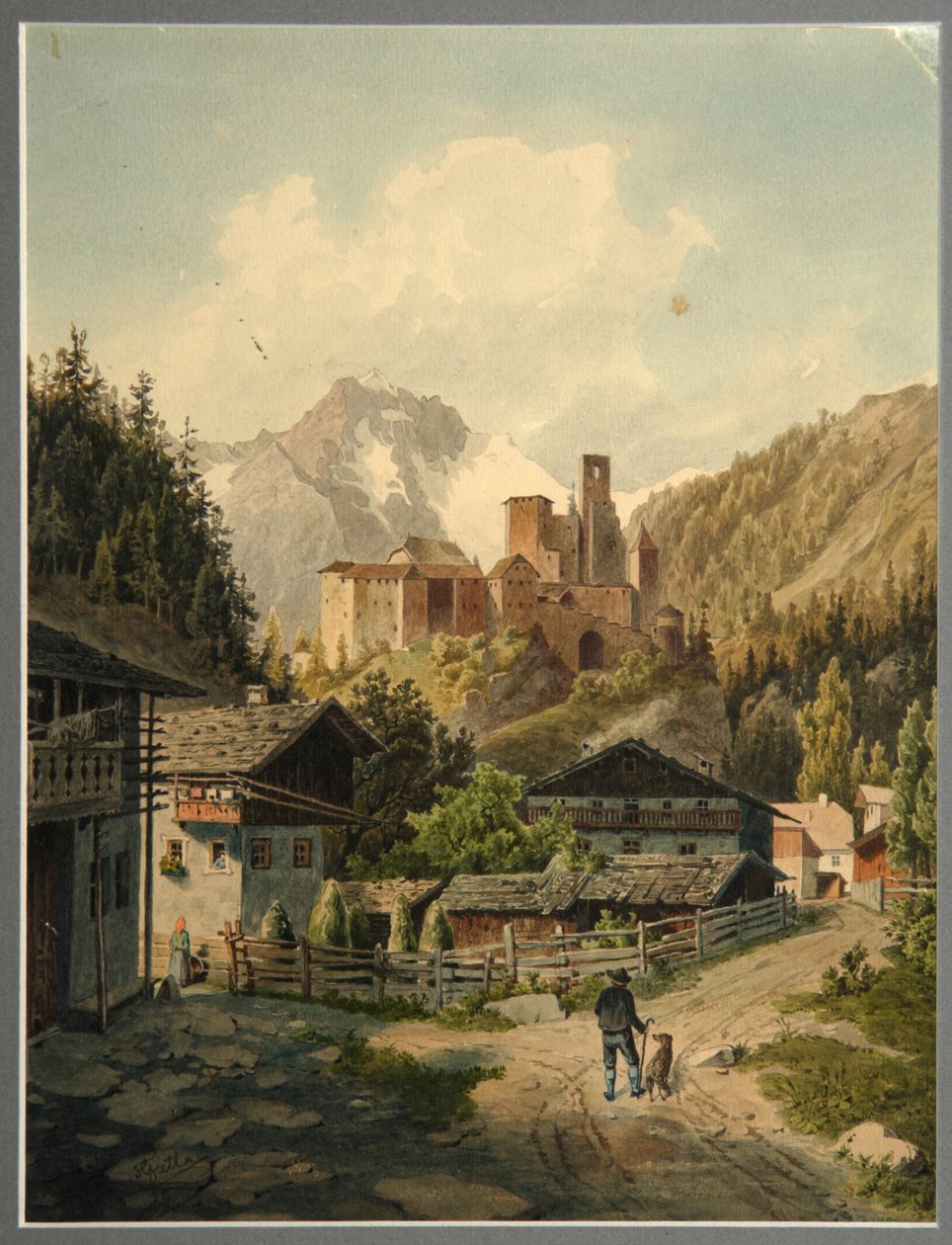 Paisagem alpina com um castelo de Ferdinand Gatt