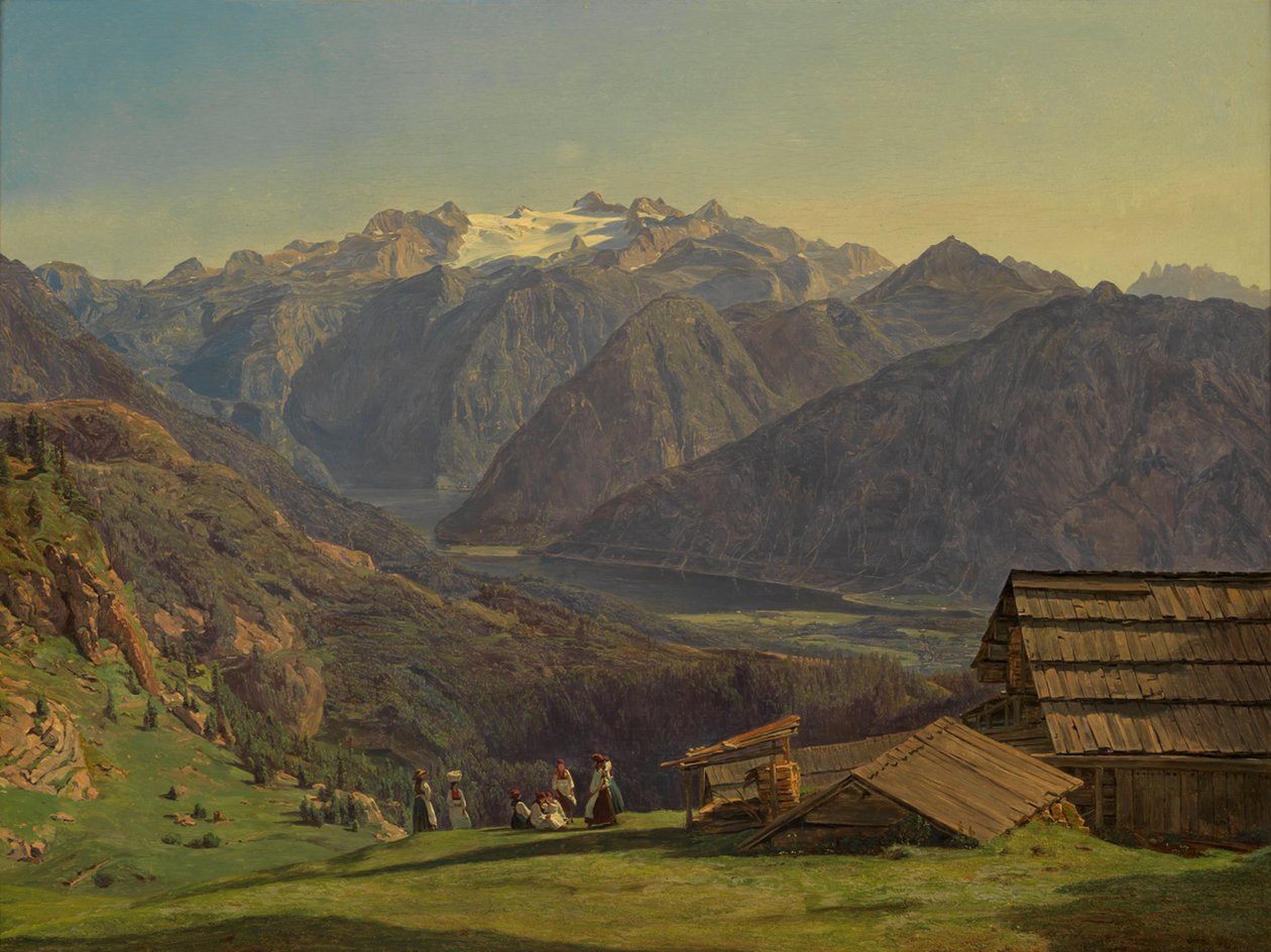 Vista do Dachstein com o Lago Hallstatt a partir da Hütteneckalpe, perto de Ischl de Ferdinand Georg Waldmüller