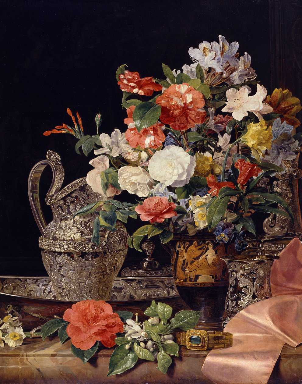 Ramo de flores com recipientes de prata e uma jarra antiga de Ferdinand Georg Waldmüller