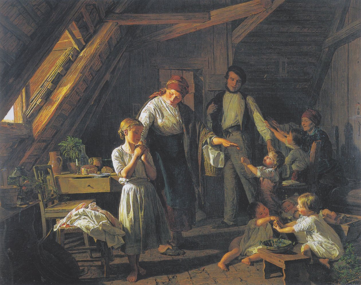 Separação dos pais - o filho mais velho cuida dos irmãos e irmãs na ausência dos pais. de Ferdinand Georg Waldmuller