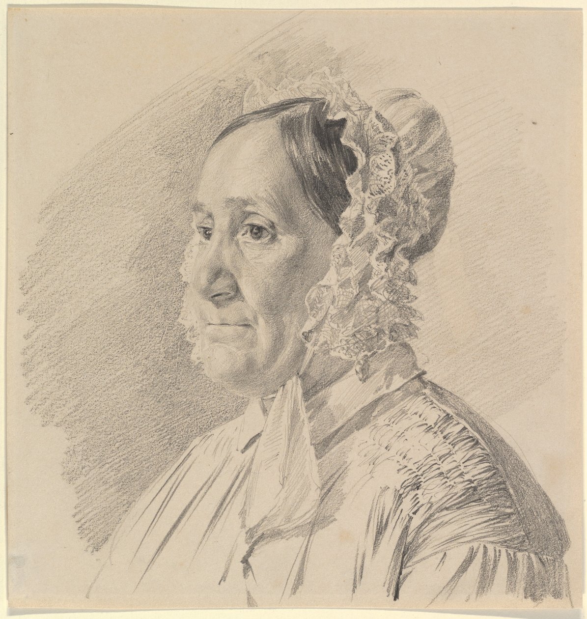 Retrato de uma mulher com um chapéu de renda, em perfil de três quartos para a esquerda de Ferdinand Georg Waldmüller