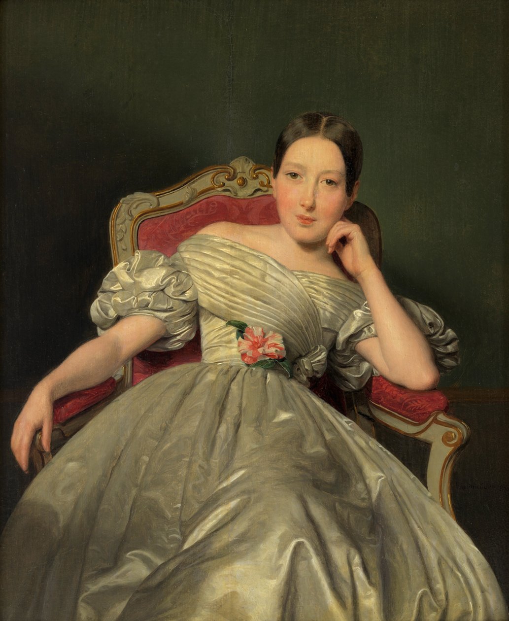Menina sentada com um vestido branco de atlas de Ferdinand Georg Waldmüller
