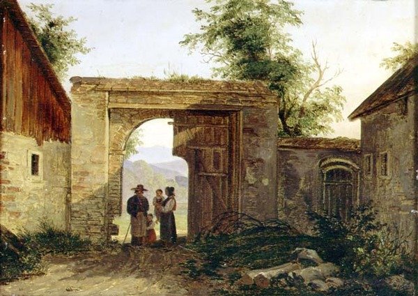 Um quintal com camponeses num portão de Ferdinand Georg Waldmuller