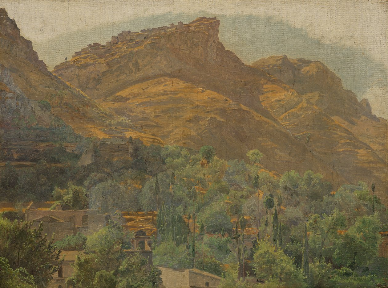 Vista para a cidade montanhosa de Mola, perto de Taormina de Ferdinand Georg Waldmuller