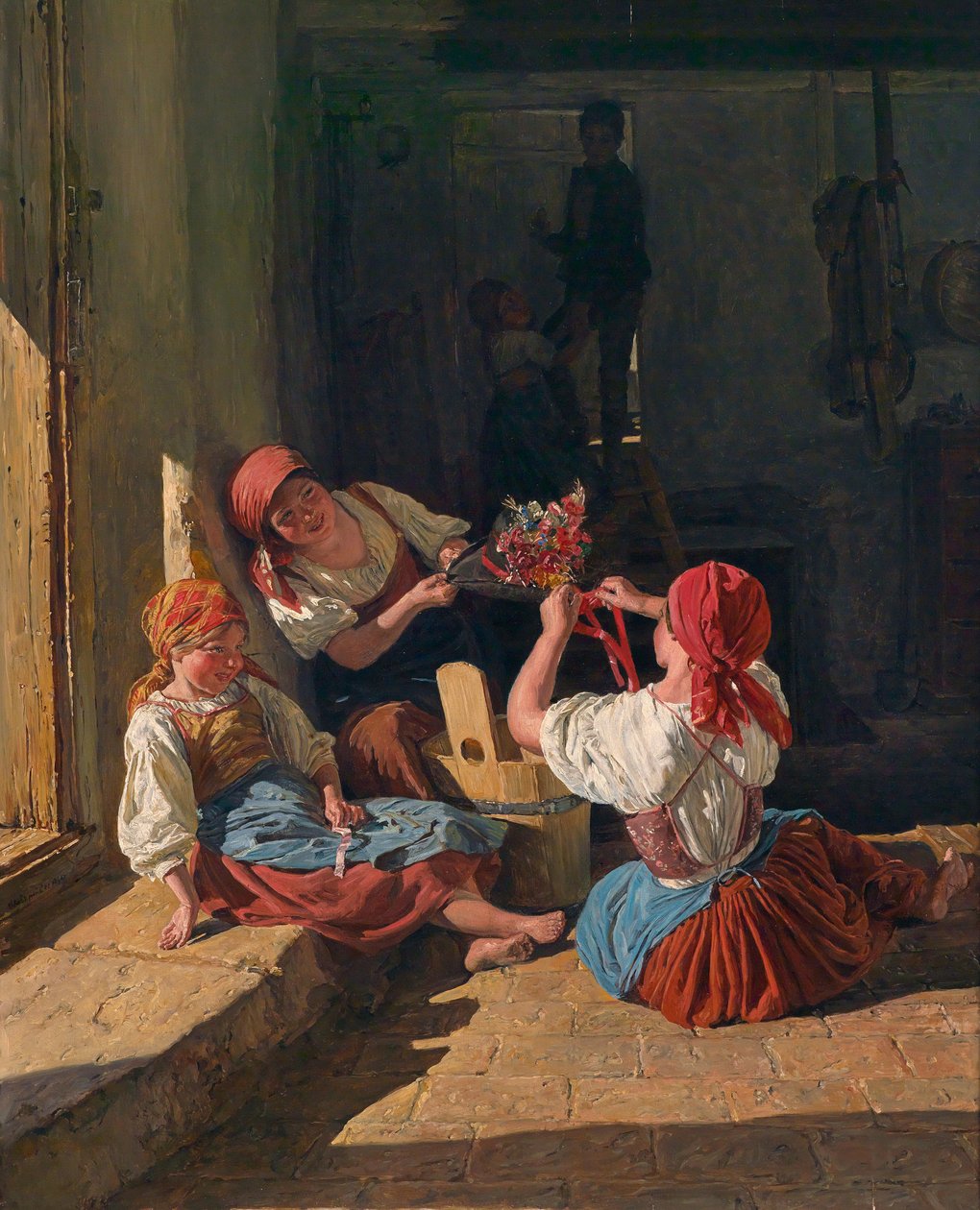 Crianças decorando um chapéu de recrutas, 1854 de Ferdinand Georg Waldmuller