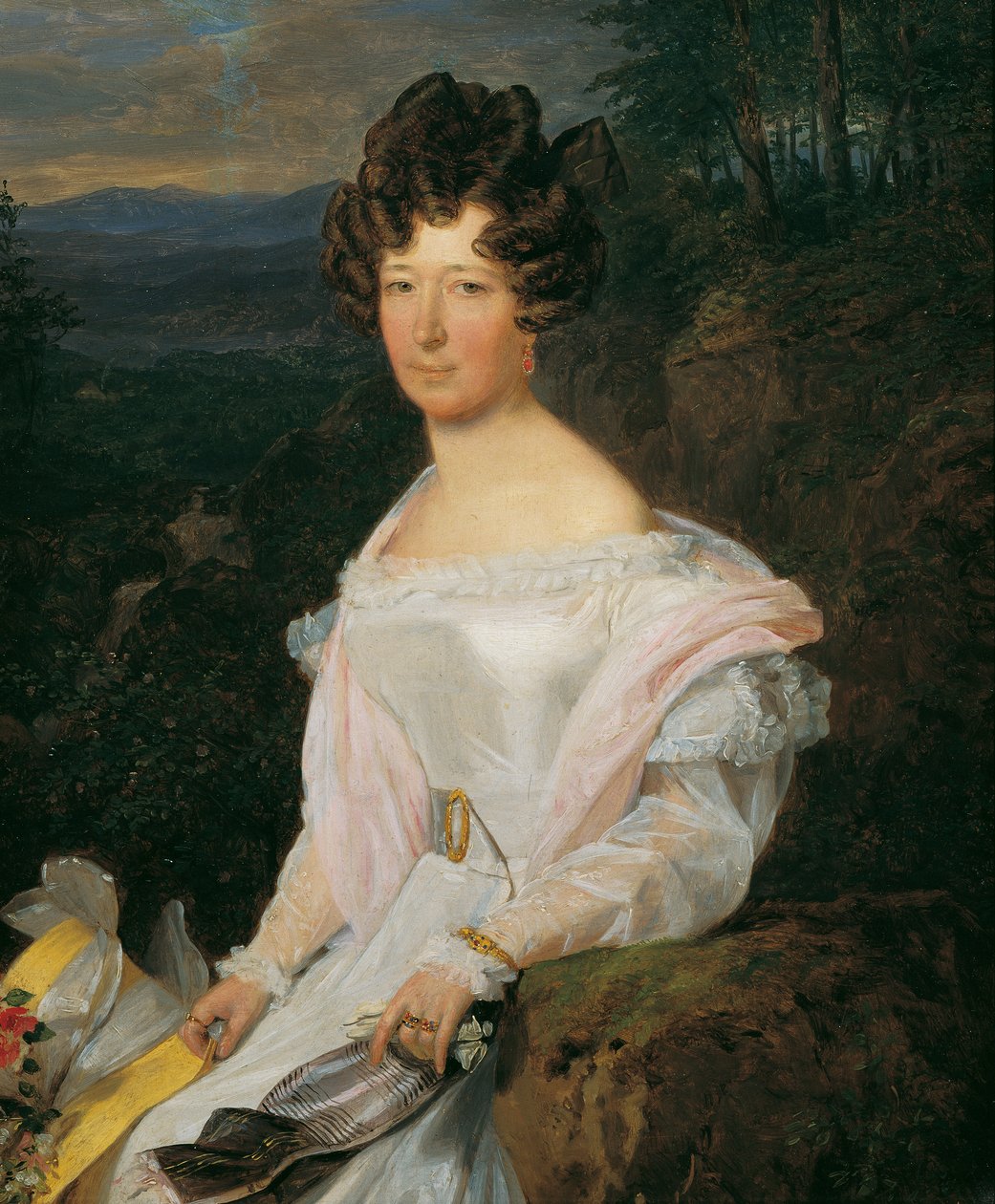 Senhora com um vestido branco em frente a uma paisagem do Bosque de Viena de Ferdinand Georg Waldmuller
