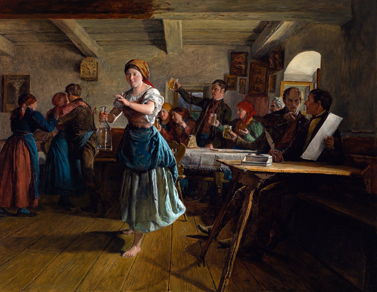 A Dança de Abertura. Cena em um café, a garçonete, parecendo feliz e descalça, esboça um passo de dança com uma garrafa vazia na mão. Ao seu redor, clientes tilintam copos levantando suas canecas de cerveja, para a saúde de um casal que de Ferdinand Georg Waldmuller