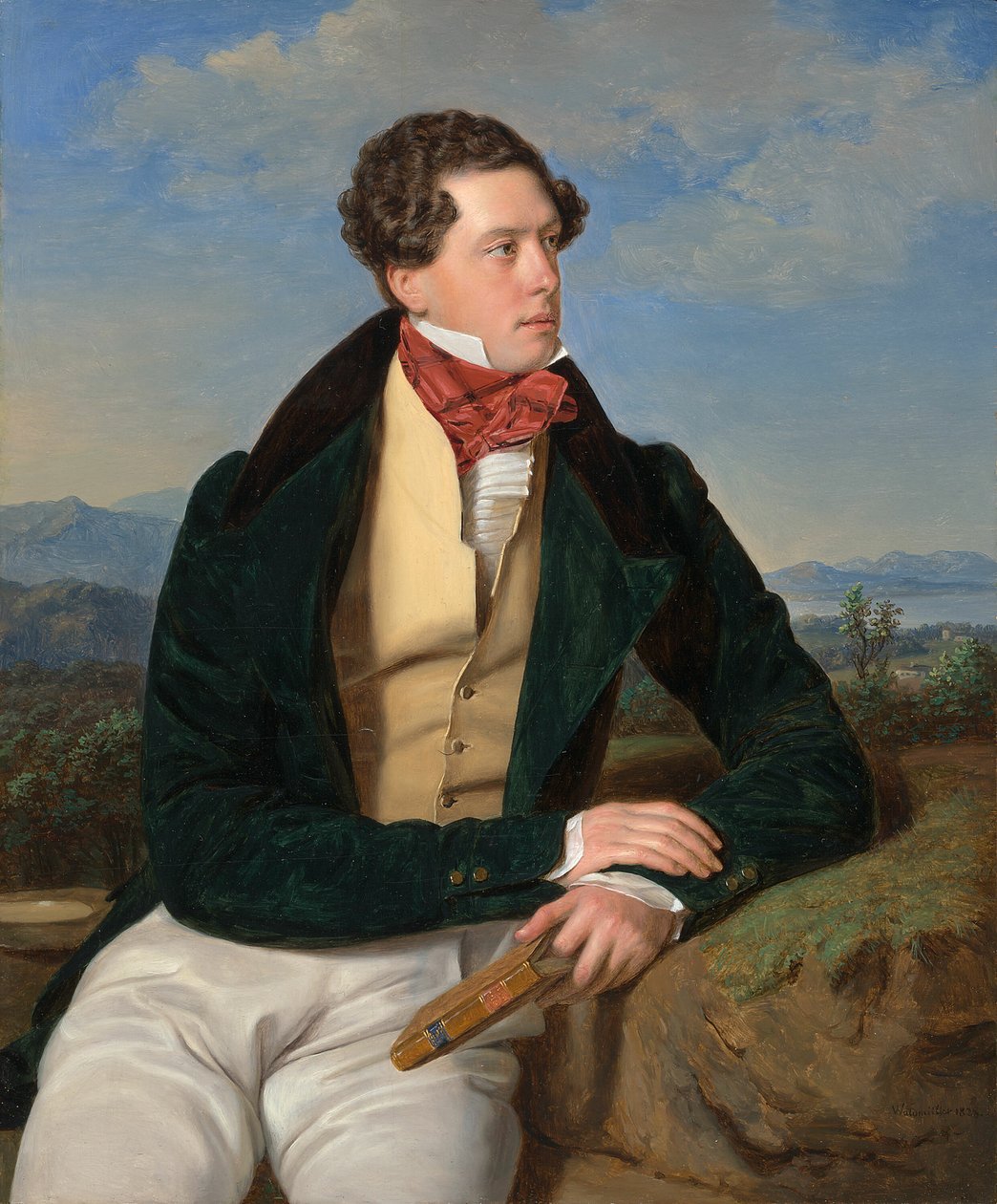O ator Maximilian Korn em uma paisagem de Ferdinand Georg Waldmuller