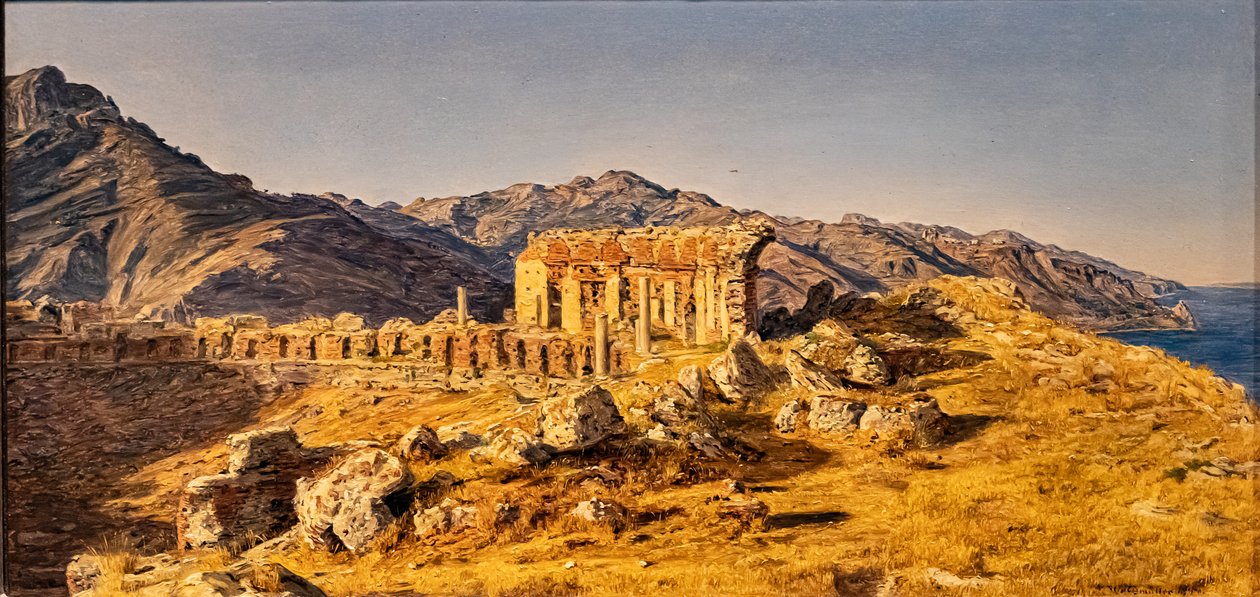 As ruínas do teatro grego de Taormina, em direcção ao estreito de Messin de Ferdinand Georg Waldmuller