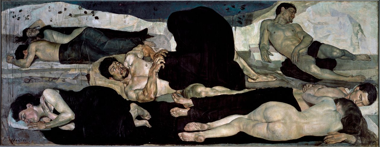À noite Grupo de dorminhocos nus, um deles no meio de um pesadelo de Ferdinand Hodler