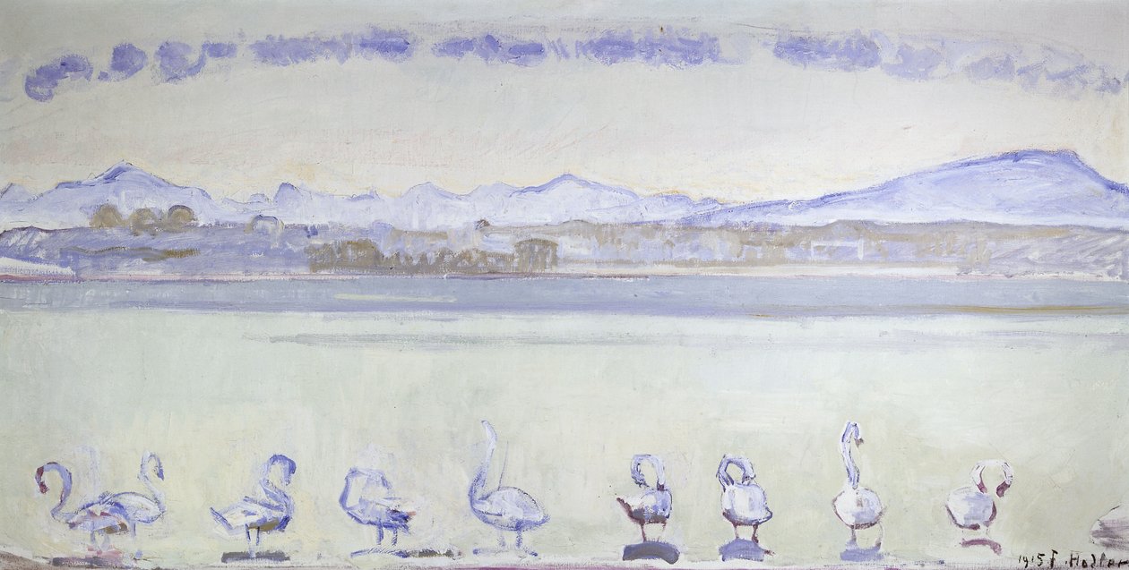 Nove cisnes na frente de uma paisagem montanhosa; O porto de Genebra, com nove cisnes, do Quai du Mont Blanc, 1915 de Ferdinand Hodler