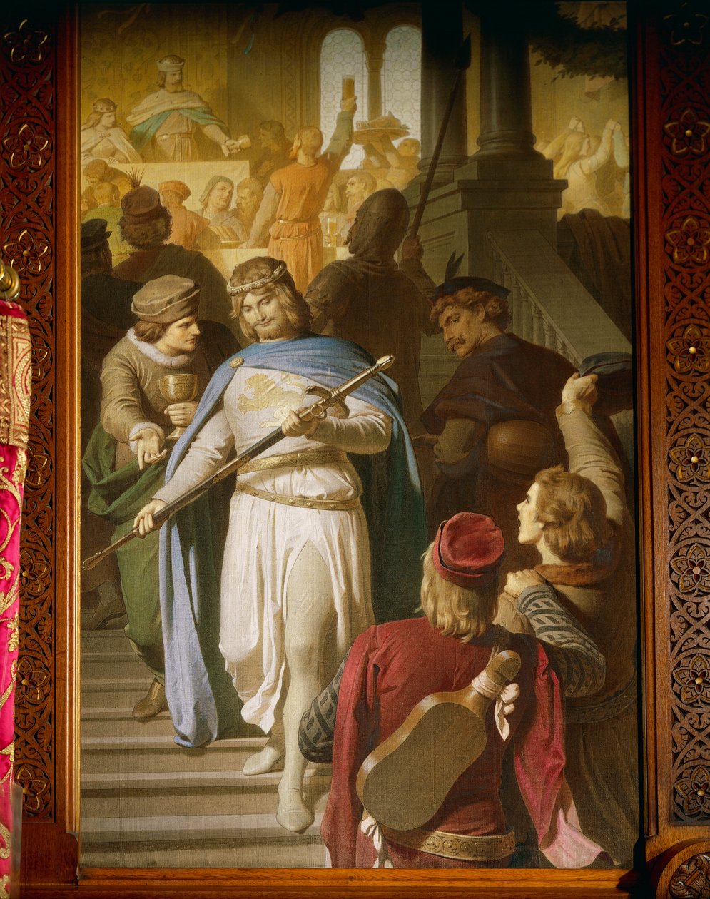 Os melhores poetas e trovadores se reúnem em Wartburg e são recompensados por Landgrave Hermann por realizações particularmente belas, da Saga Tannhauser, Sala de Jantar (óleo sobre tela) de Ferdinand II Piloty