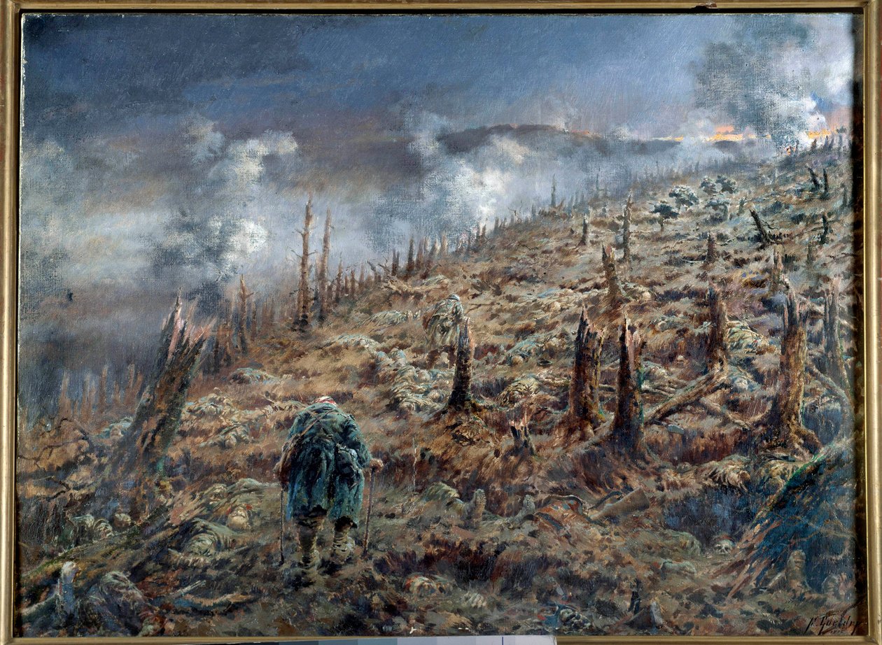 Primeira Guerra Mundial (1914-1918): "A ravina da morte em Verdun" Paisagem de ruínas e cinzas após a batalha. Pintura de Ferdinand Joseph Gueldry (1858-1945) 1916 Paris. Museu das Duas Guerras Mundiais de Ferdinand Joseph Gueldry