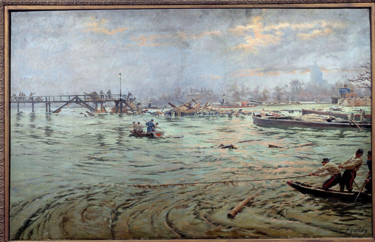 Vista da ponte e do aterro da Estacade em Paris durante a grande inundação de 1910 Pintura de Ferdinand Joseph Gueldry (1858-1945) 1910. Paris, Musee Carnavalet. Cuidado! A utilização desta obra pode ser sujeita a um pedido de autorização de terceiros ou de Ferdinand Joseph Gueldry