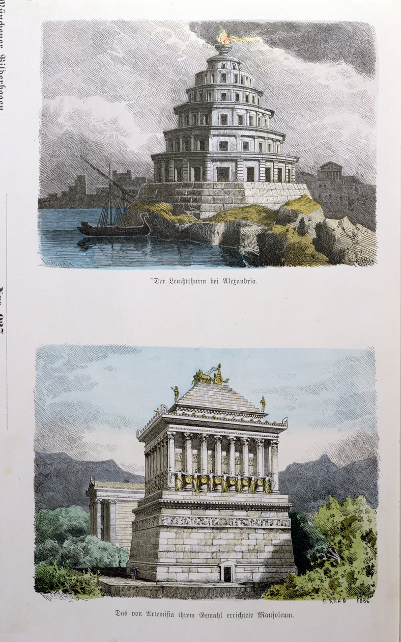 O Grande Farol de Alexandria e o Mausoléu de Halicarnasso, de uma série das "Sete Maravilhas do Mundo", publicado em "Munchener Bilderbogen", 1886 de Ferdinand Knab