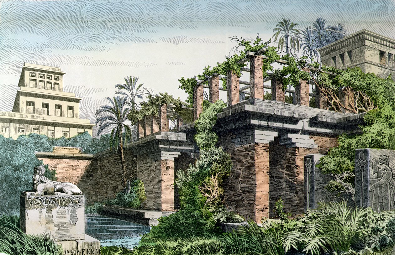 Os Jardins Suspensos da Babilônia, de uma série das "Sete Maravilhas do Mundo", publicado em "Munchener Bilderbogen", 1886 de Ferdinand Knab