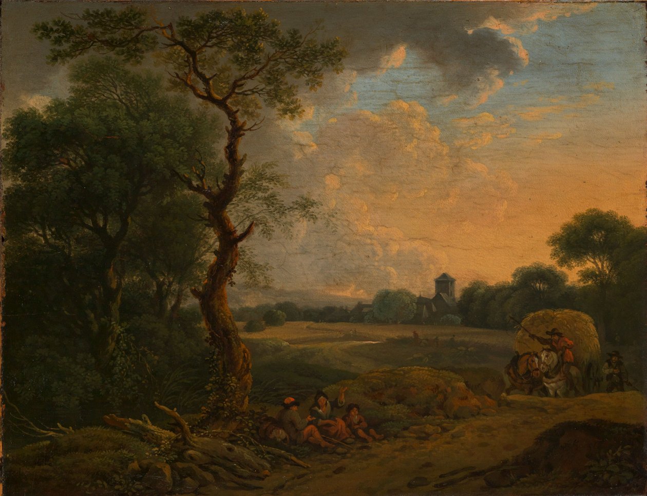 Paisagem ao entardecer com carro de feno de Ferdinand Kobell