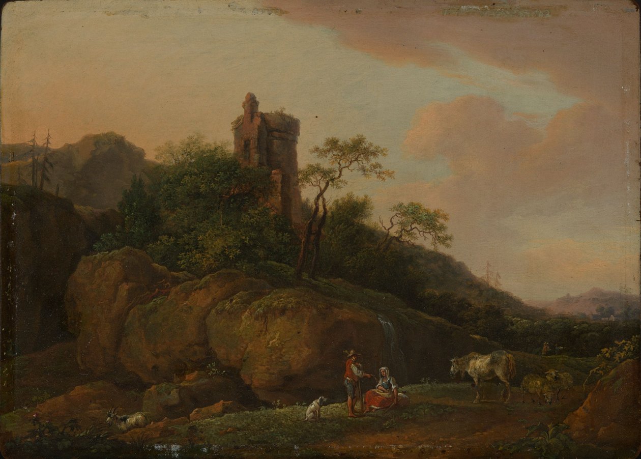 Ruínas de castelo com pastores e rebanho de Ferdinand Kobell