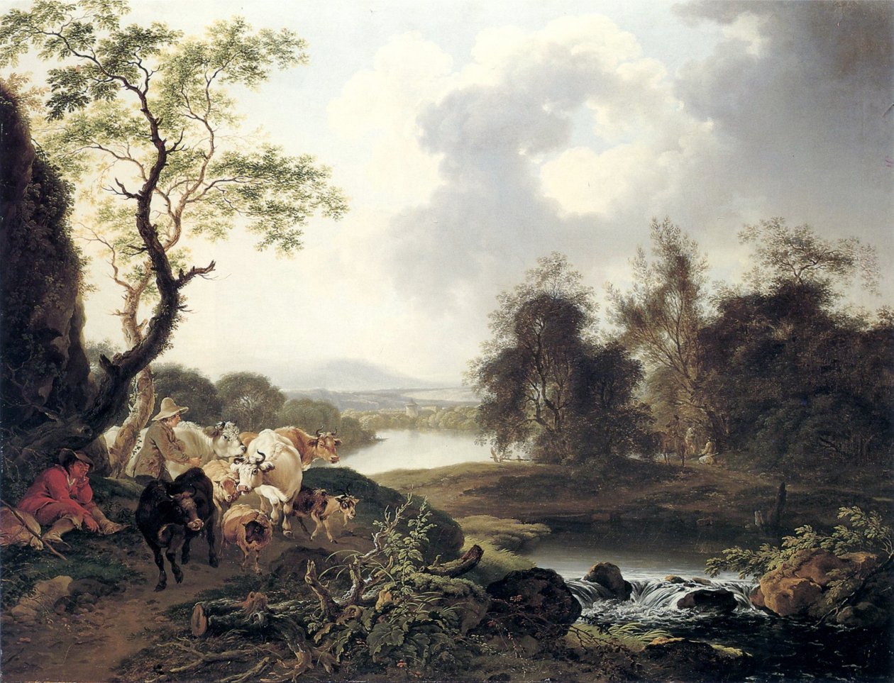 Alemão: paisagem fluvial com cascata, caminhante em repouso, pastor com vacas e cabras e três viajantes de Ferdinand Kobell
