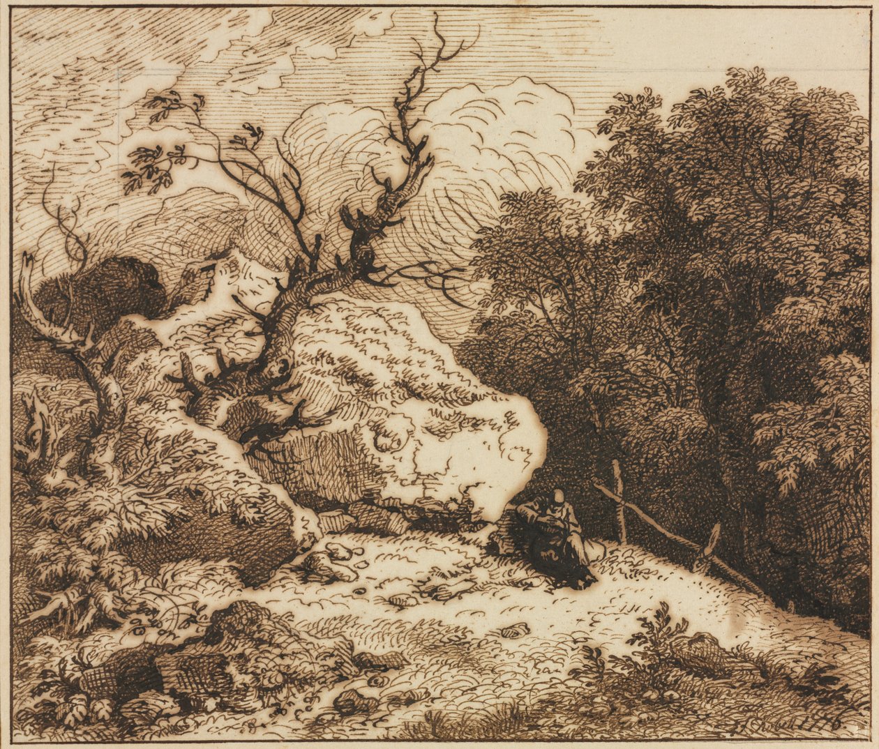 Eremita em uma paisagem arborizada, 1776. de Ferdinand Kobell