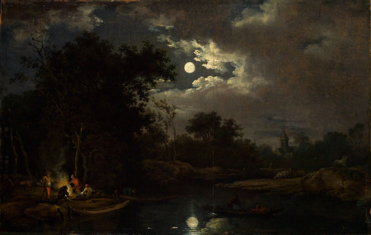 Paisagem ao luar com pescadores junto a uma fogueira de Ferdinand Kobell