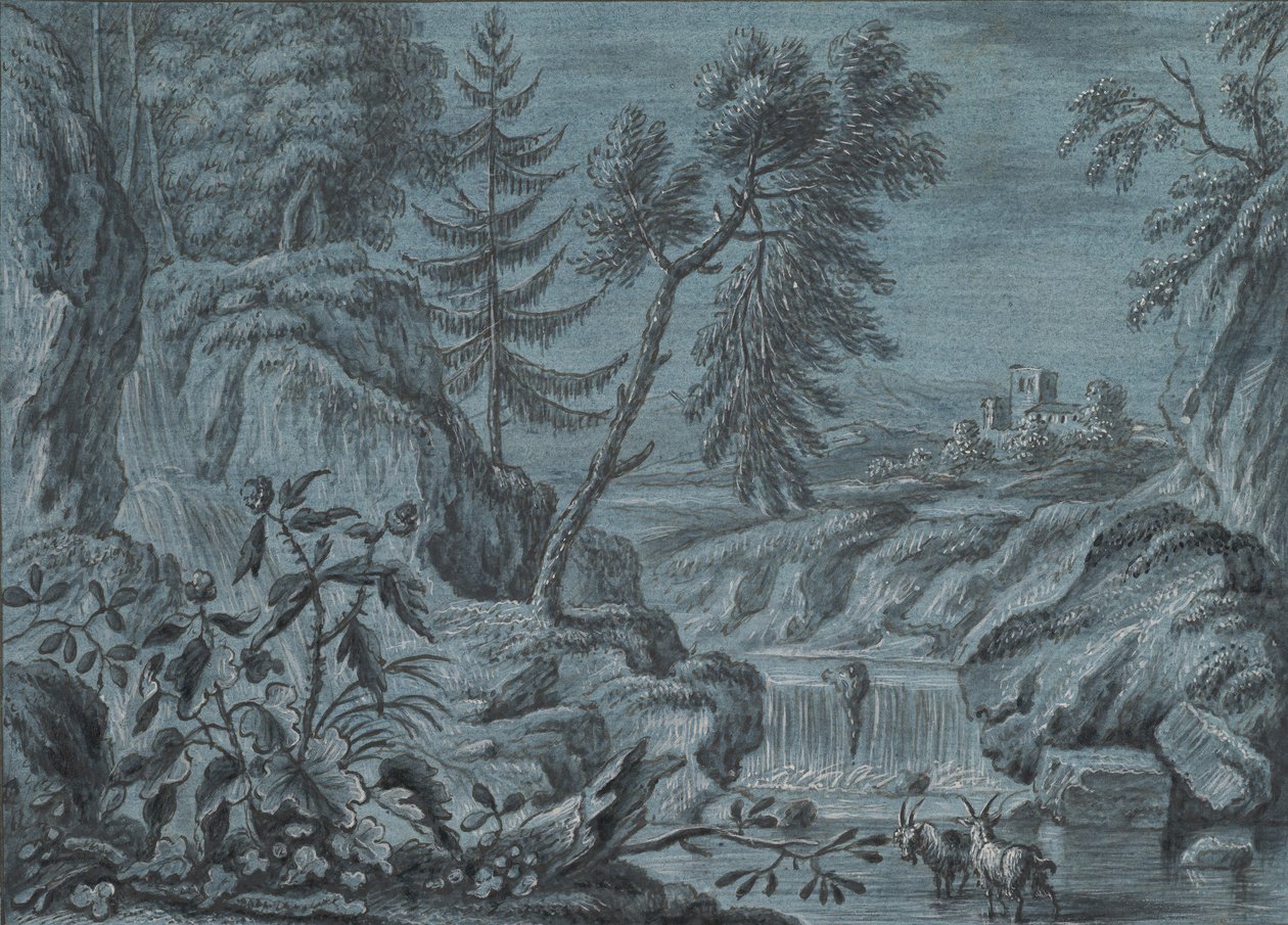 Paisagem Sul com Cachoeira e Cabras, final do século XVIII. de Ferdinand Kobell.