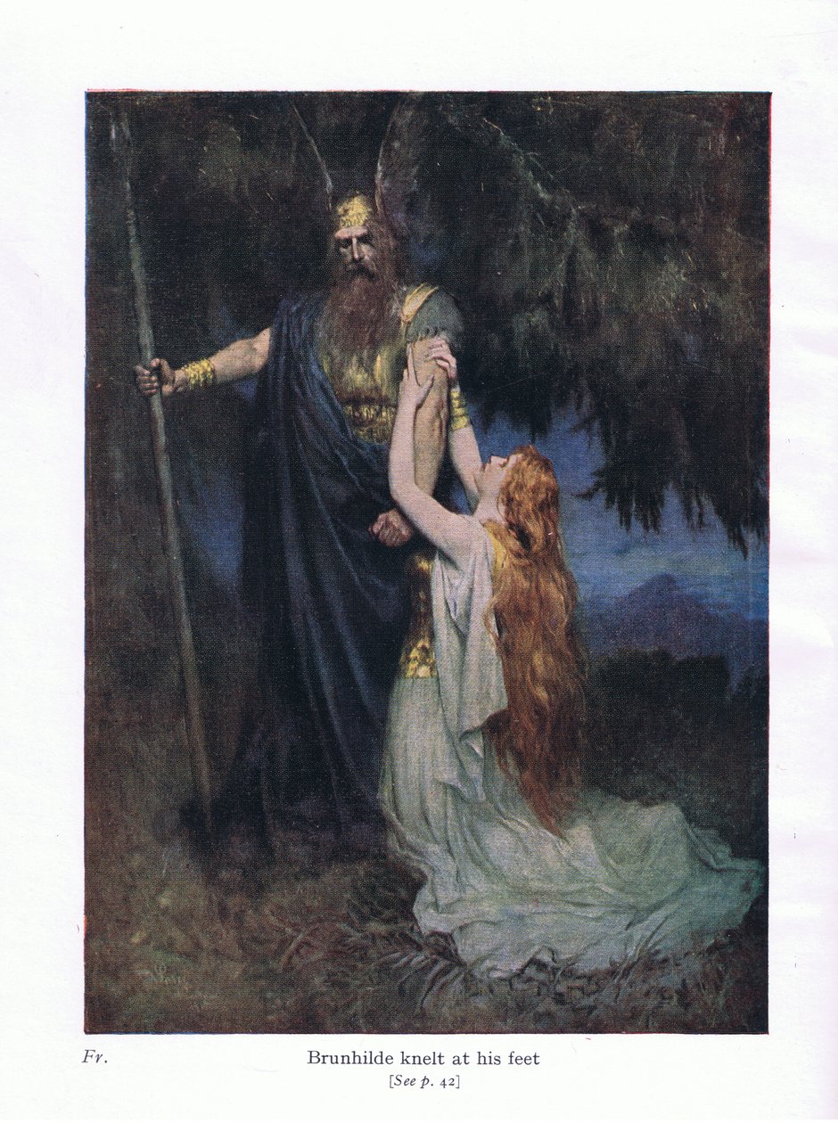 Brunhilde ajoelhou-se a seus pés, ilustração do pub The Stories of Wagners Opera. por George Harrap & Co Ltd 1932 de Ferdinand Lecke