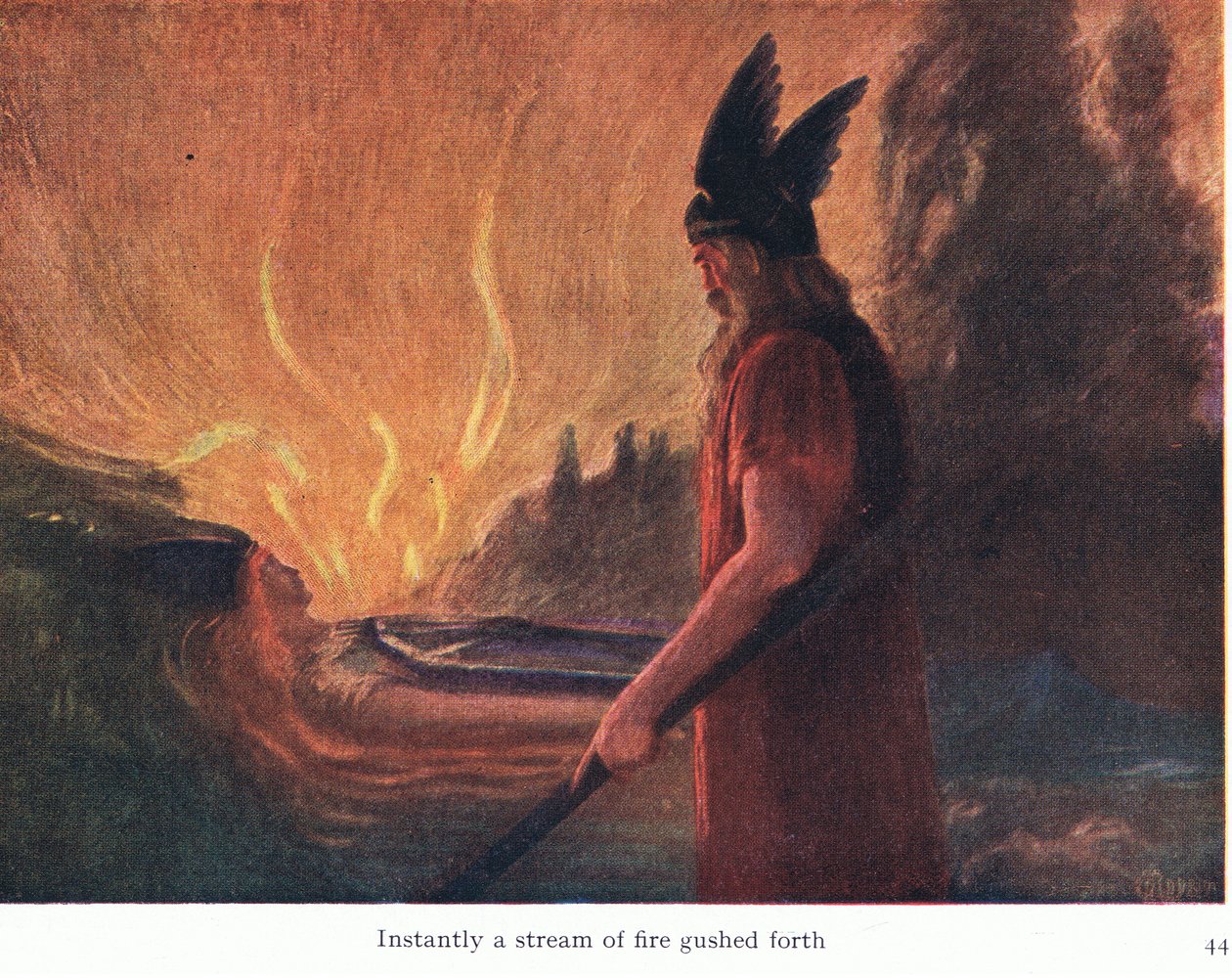 Instantaneamente, uma corrente de fogo brilhou, ilustração do pub The Stories of Wagners Opera. por George Harrap & Co Ltd 1932 de Ferdinand Lecke
