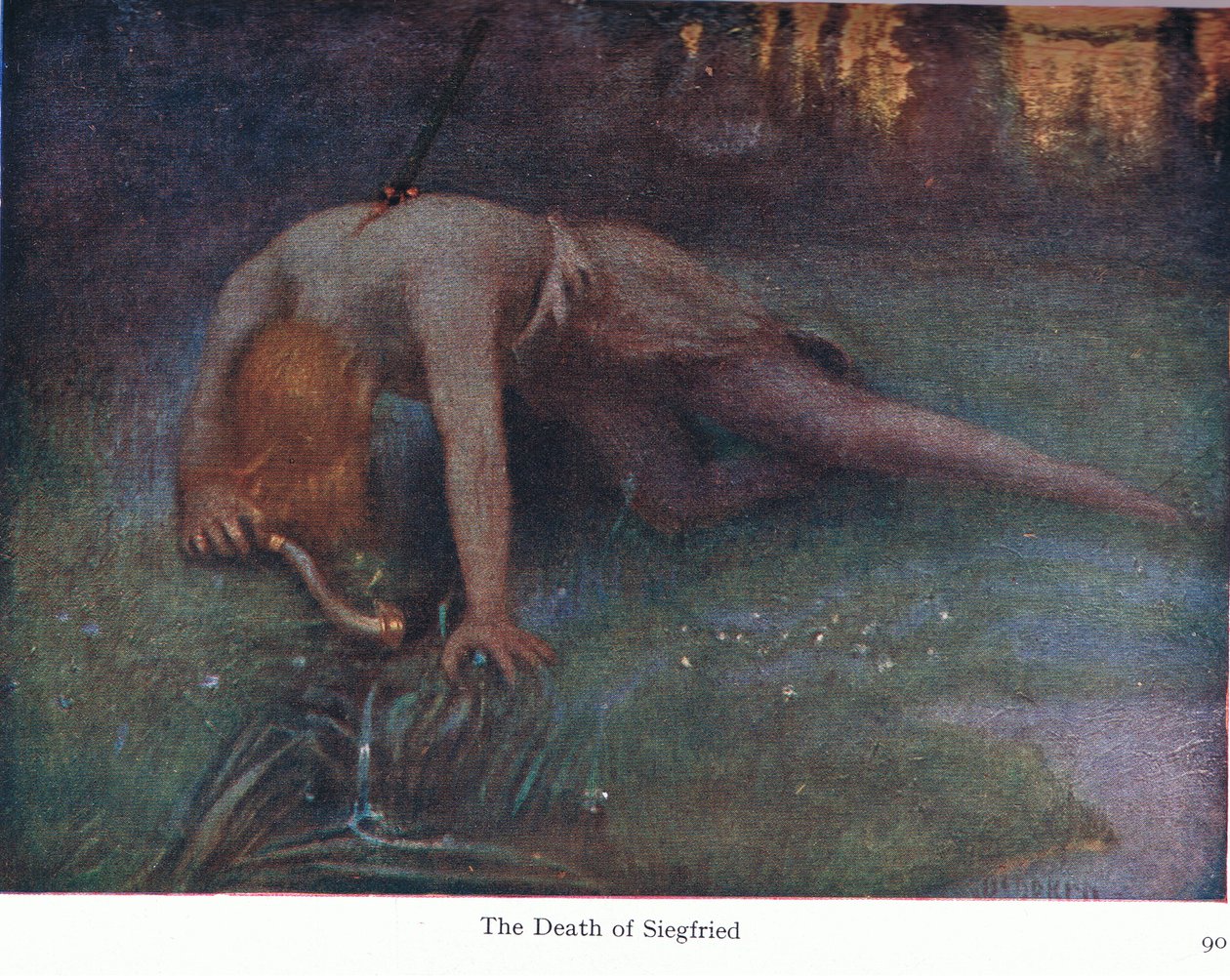 A morte de Siegfried, ilustração do pub The Stories of Wagners Opera. por George Harrap & Co Ltd 1932 de Ferdinand Lecke