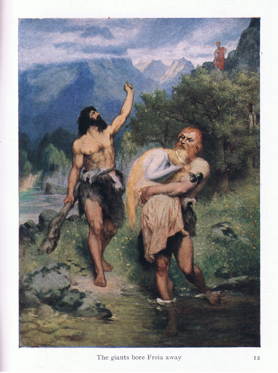 Os gigantes levaram Freia embora, ilustração do pub The Stories of Wagners Opera. por George Harrap & Co Ltd 1932 de Ferdinand Lecke