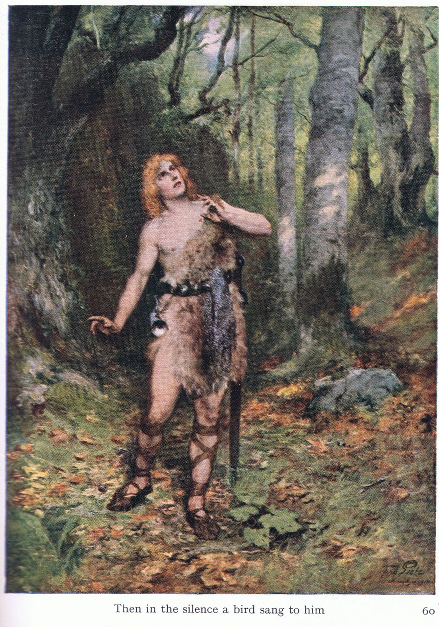Então, no silêncio, um pássaro cantou para ele, ilustração do pub The Stories of Wagners Opera. por George Harrap & Co Ltd 1932 de Ferdinand Lecke