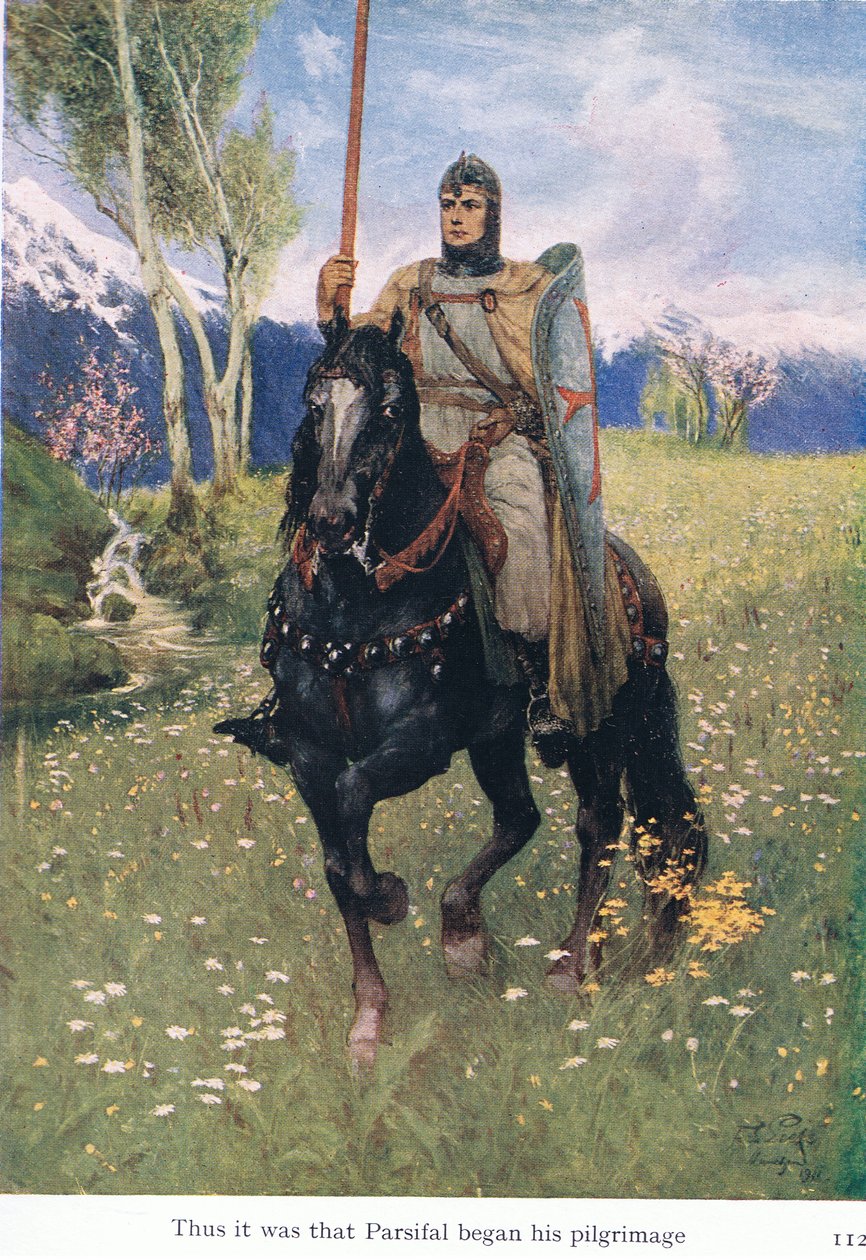 Assim foi com Parsifal que começou sua peregrinação, ilustração do pub The Stories of Wagners Operas. por George Harrap & Co Ltd 1932 de Ferdinand Lecke