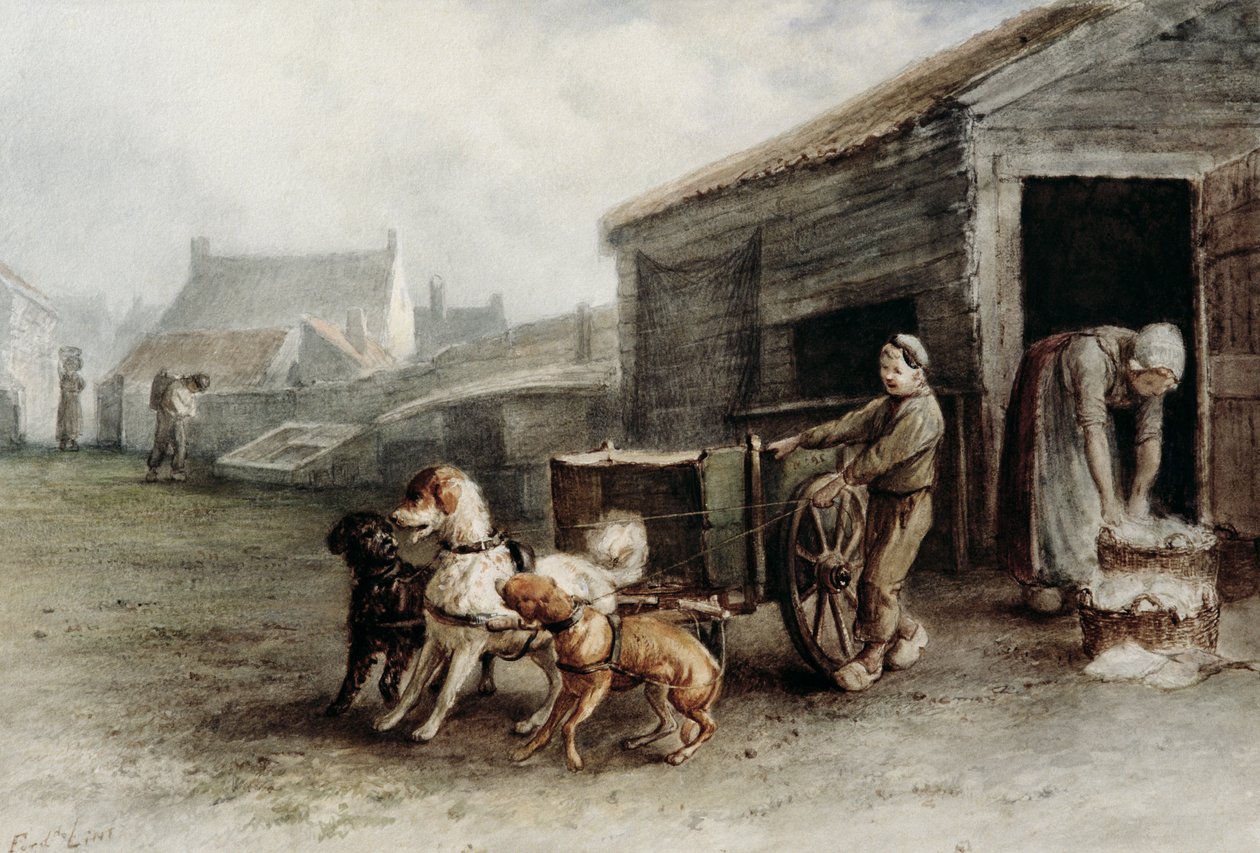 Um carrinho de cachorro, Holanda, c.1890 (wc no papel) de Ferdinand Lintz