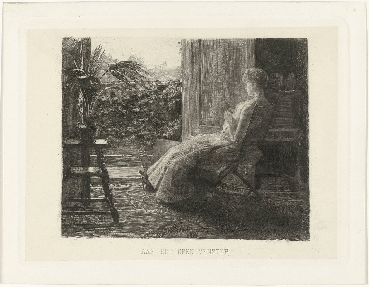 Jovem mulher, bordando, na janela aberta
Na janela aberta (título sobre o objecto) de Ferdinand Oldewelt