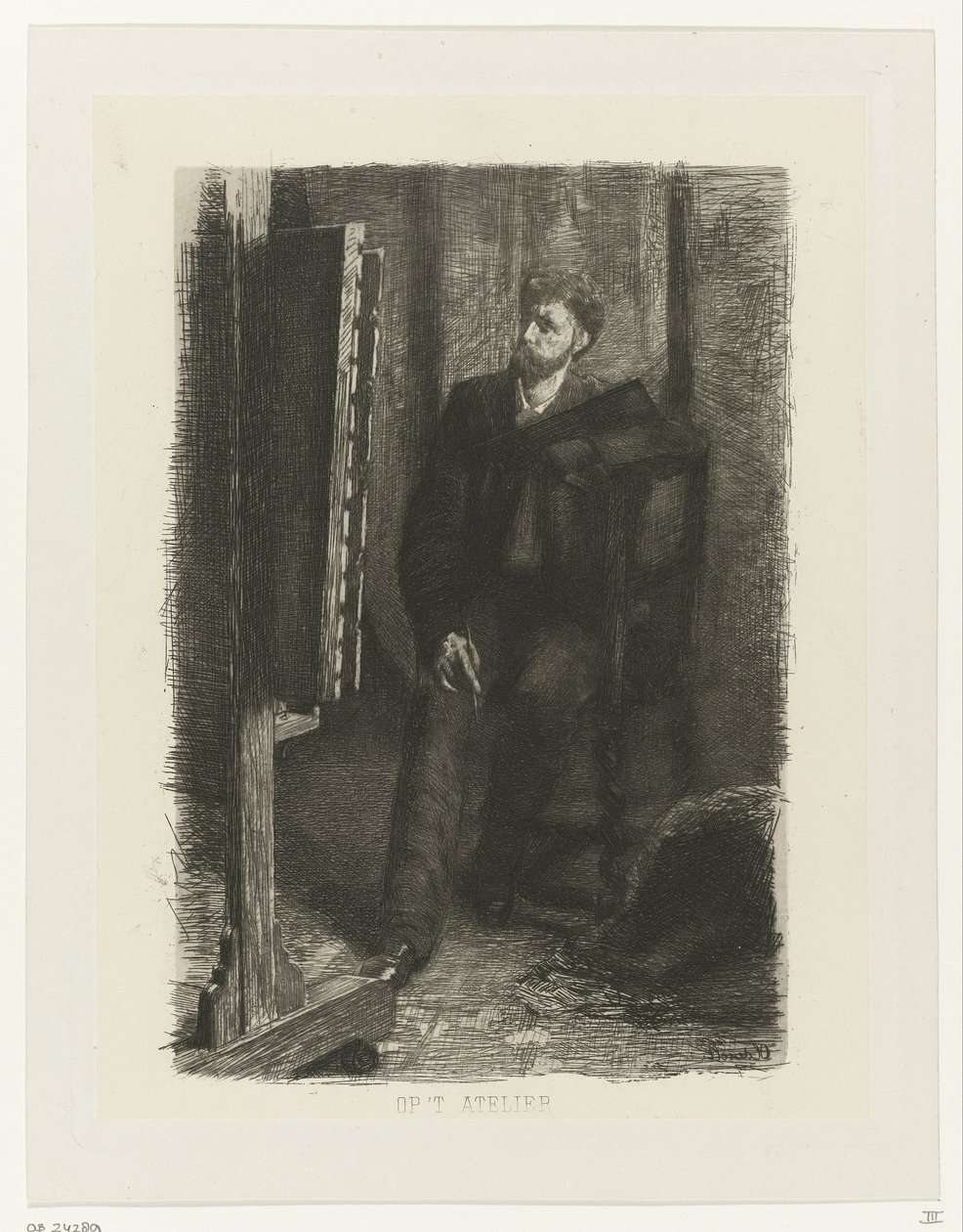 Retrato de um artista em pé atrás do cavalete No estúdio (título no objeto) de Ferdinand Oldewelt